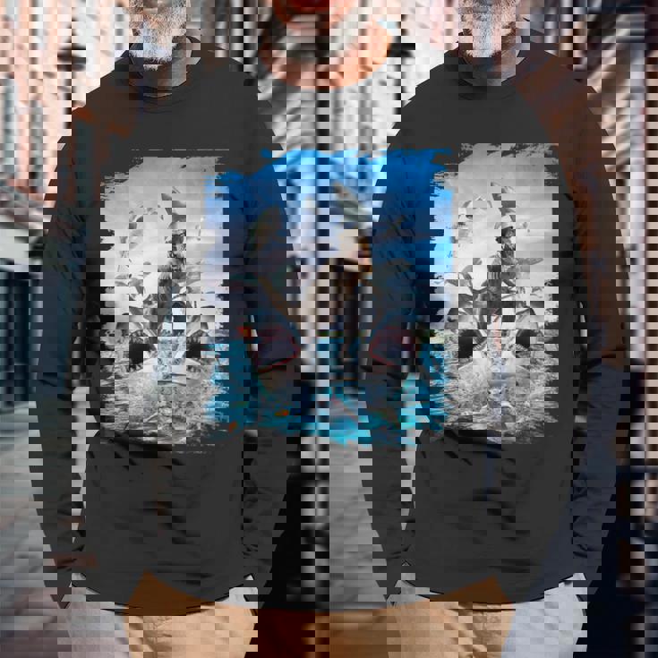 恐竜乗馬サメ ビーチオーシャンサメ サングラス 面白い 長袖Tシャツ 高齢者への贈り物