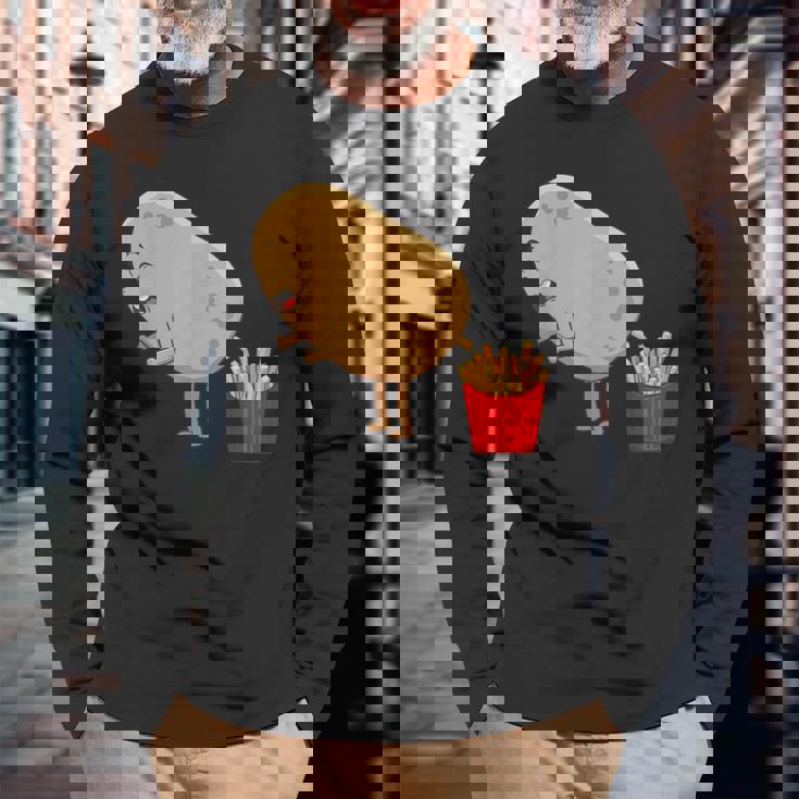 愉快なフライドポテト食べ物デザイン 男女兼用 長袖Tシャツ 高齢者への贈り物