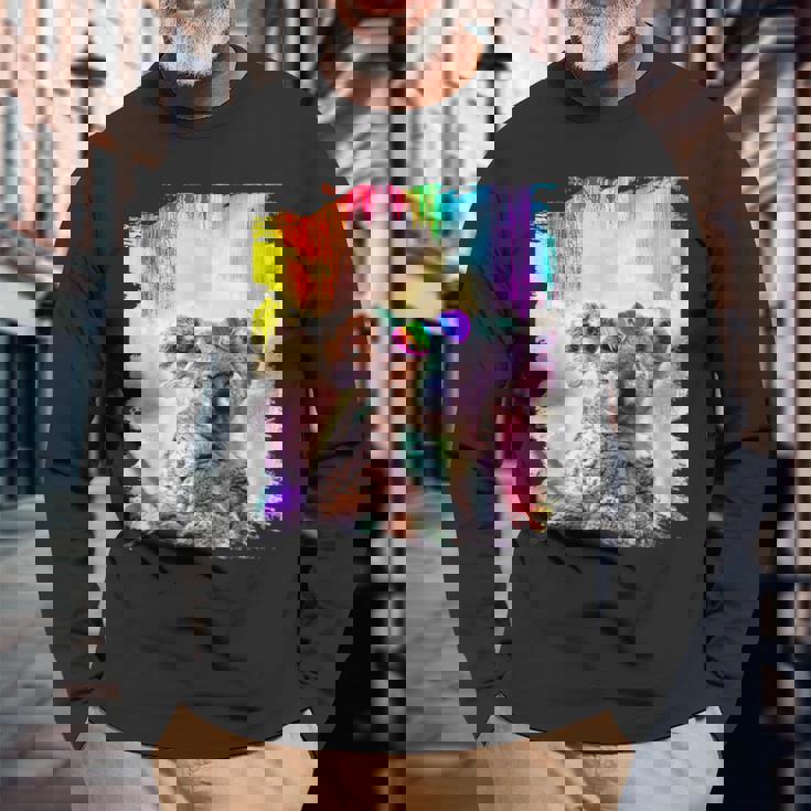 愛のハートのメガネをかけているレインボーコアラ 長袖Tシャツ 高齢者への贈り物