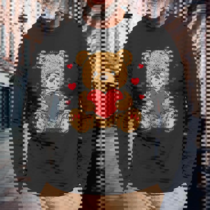 愛らしいハート付きテディベア ラブぬいぐるみ 長袖Tシャツ 高齢者への贈り物