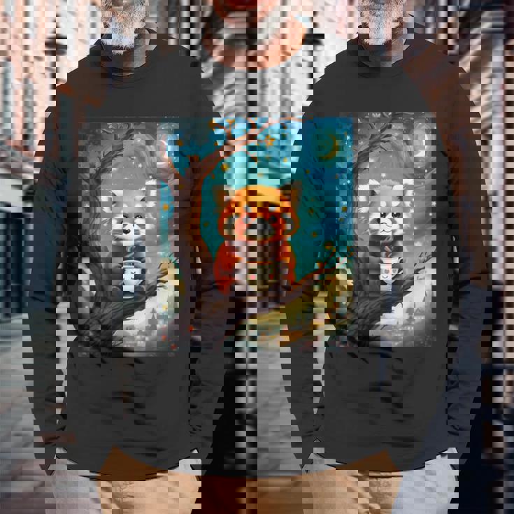 愛らしいレッサーパンダとティーカップの星月夜イラスト 長袖Tシャツ 高齢者への贈り物