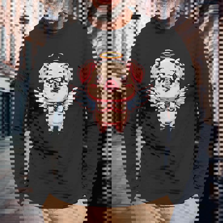 愛らしい天使の豚の漫画とハロー。 長袖Tシャツ 高齢者への贈り物