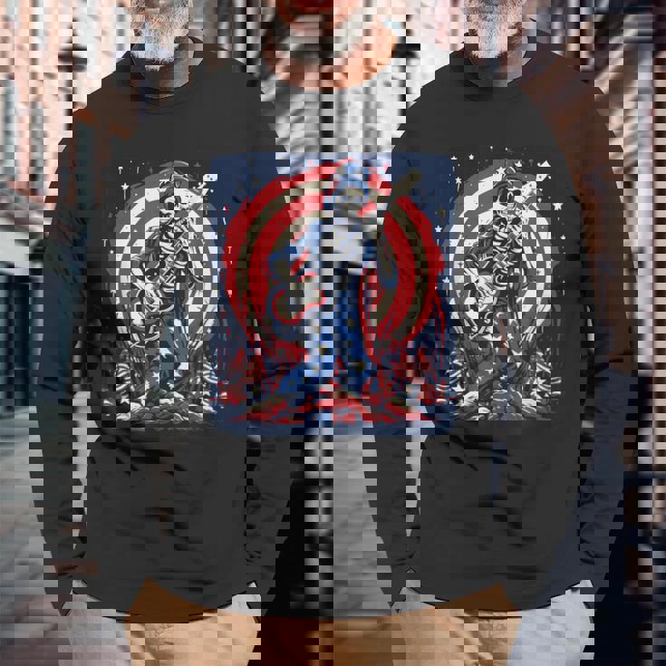 愛国的なスケルトン ロックンロールミュージック アメリカンスタイル 長袖Tシャツ 高齢者への贈り物