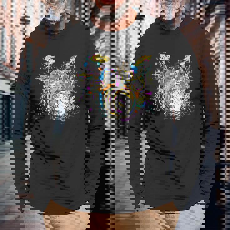 抽象アート ドラム ミュージシャン 音楽バンド 王座 ヌース 長袖Tシャツ 高齢者への贈り物