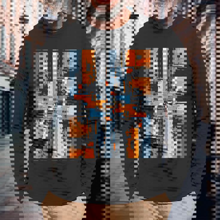 抽象幾何アート オレンジ青 モダン Abstract Geometric Composition 長袖Tシャツ 高齢者への贈り物