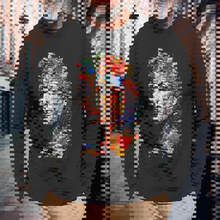 抽象的 カラフルである 花 女 芸術 顔 長袖Tシャツ 高齢者への贈り物