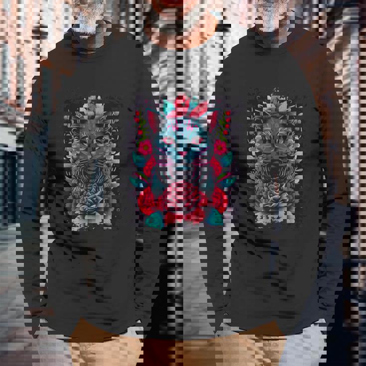 抽象的な猫ポップアートグラフィティ 長袖Tシャツ 高齢者への贈り物