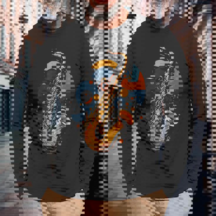 抽象音楽家 ジャズ サックス プレーヤー カラフル 長袖Tシャツ 高齢者への贈り物