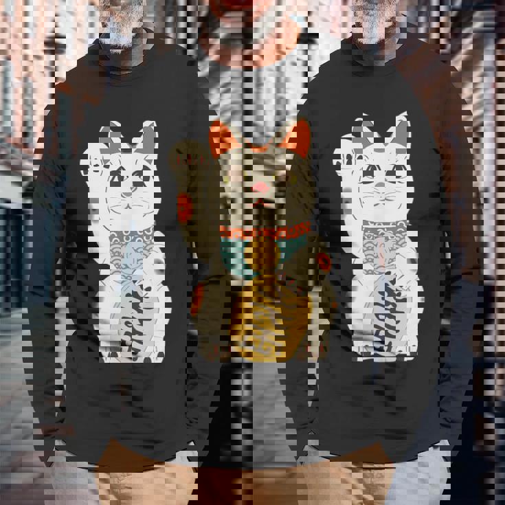 招き猫 日本の招き猫まねき猫日本の幸運猫 長袖Tシャツ 高齢者への贈り物