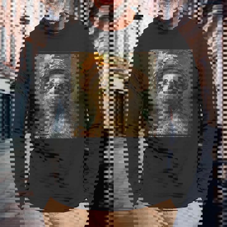 日よけ帽子をかぶったかわいいナマケモノ、面白いナマケモノ 長袖Tシャツ 高齢者への贈り物