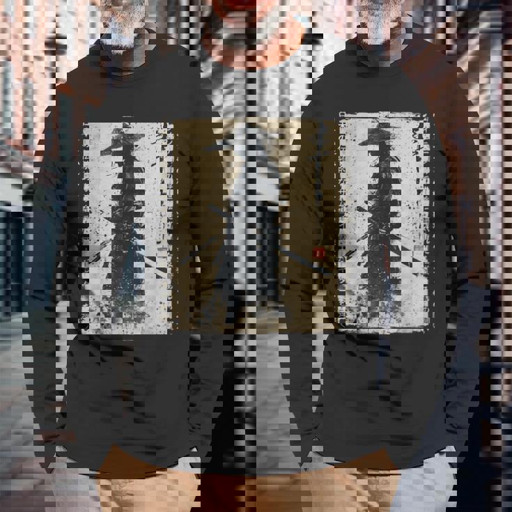 日本 武士 武士 戦闘機 浮世 墨絵 侍 長袖Tシャツ 高齢者への贈り物