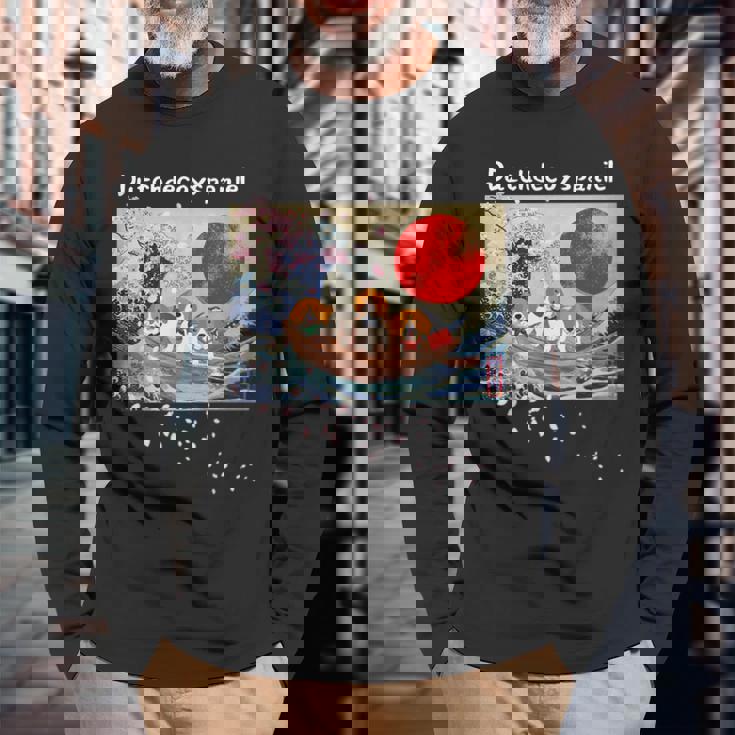 日本 版画 ダッチ デコイ スパニエル デコピン 神奈川の波 海 桜 長袖Tシャツ 高齢者への贈り物