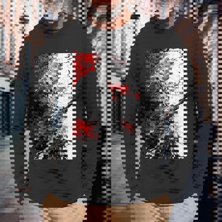 日本のクモユリ 侍 猫 グランジ 浮世絵 アニメアート 長袖Tシャツ 高齢者への贈り物