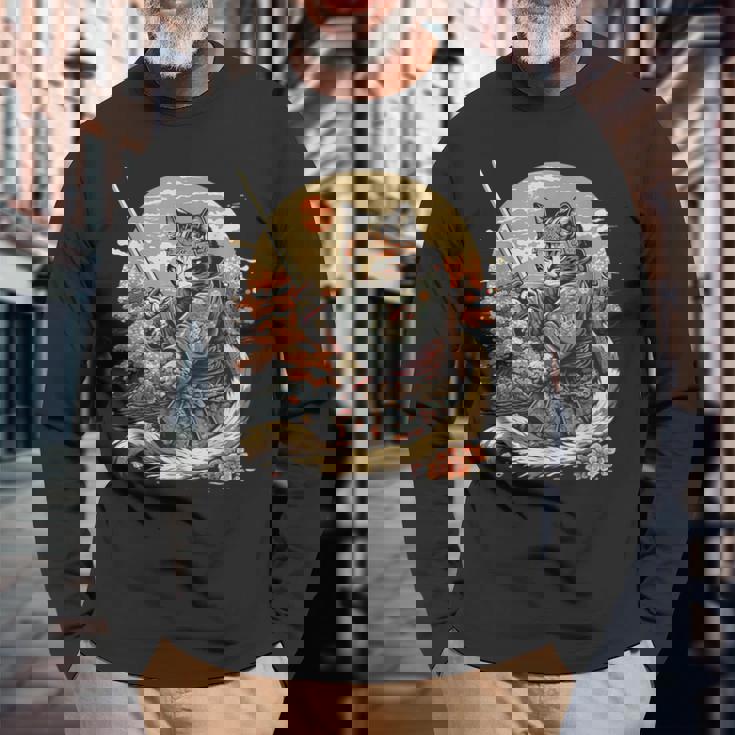 日本のサムライキャットプリント 長袖Tシャツ 高齢者への贈り物