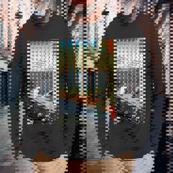 日本のヴィンテージアート 日本美術 浮世絵 日本の 多色刷 木版画 ネコ 猫 富士山 歌川 広重 長袖Tシャツ 高齢者への贈り物