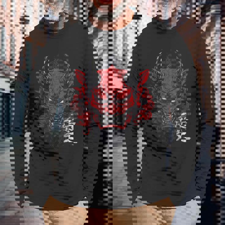 日本の伝統的な鬼の仮面日本の漢字アート 長袖Tシャツ 高齢者への贈り物