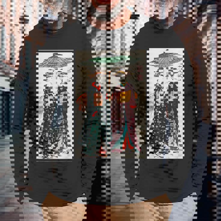 日本の伝統芸者 絵画 アート 水彩 お土産 長袖Tシャツ 高齢者への贈り物