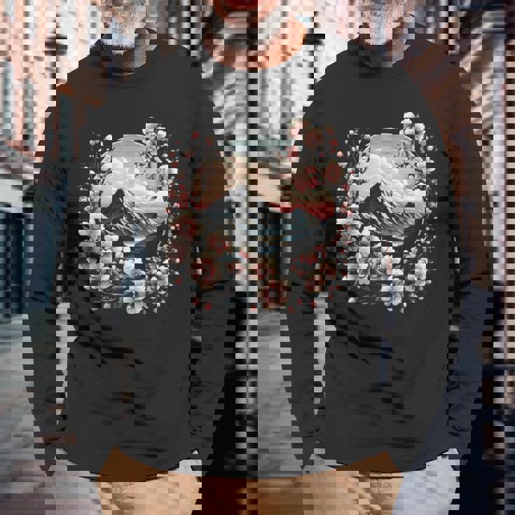 日本の桜 ピンク 桜 富士山 自然 アート 長袖Tシャツ 高齢者への贈り物