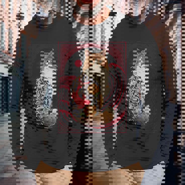 日本の鯉タトゥー猫アート美的ヴィンテージライジングサン 長袖Tシャツ 高齢者への贈り物