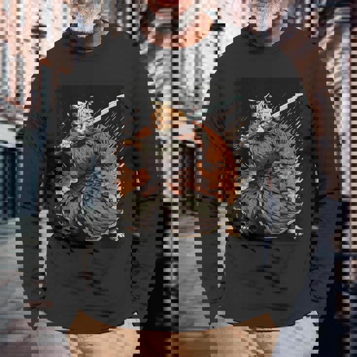 日本アート 猫 忍者 浮世絵 アニメ風 サムライキャット 長袖Tシャツ 高齢者への贈り物