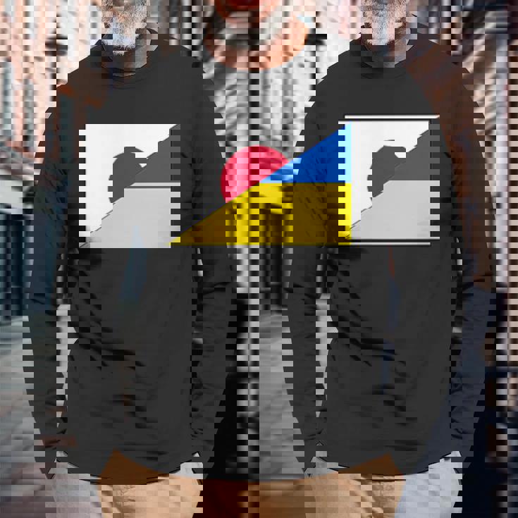 日本ウクライナ国旗日本語ウクライナサポートスタンド付き 長袖Tシャツ 高齢者への贈り物