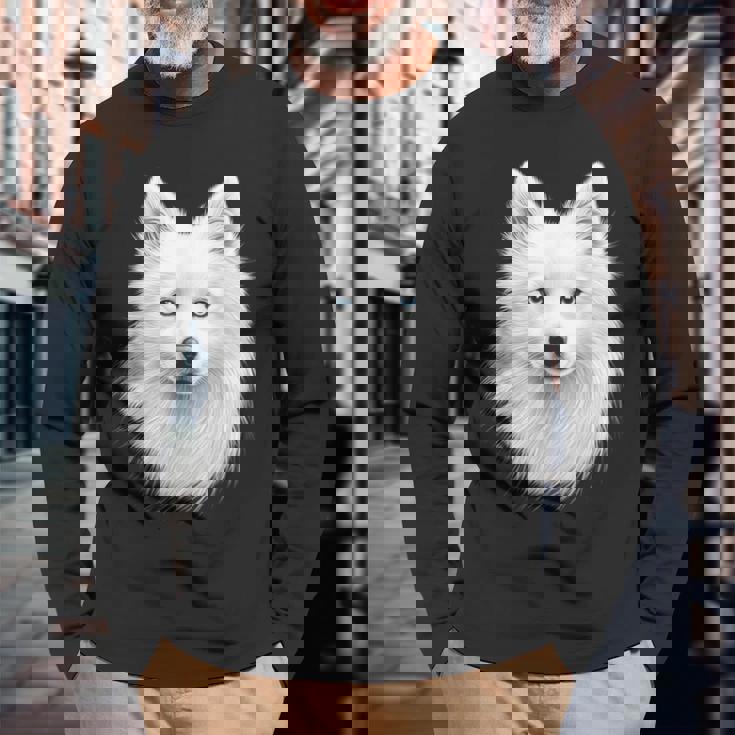 日本スピッツ 犬 モチーフ ペットアート 青い目 日本スピッツ 長袖Tシャツ 高齢者への贈り物
