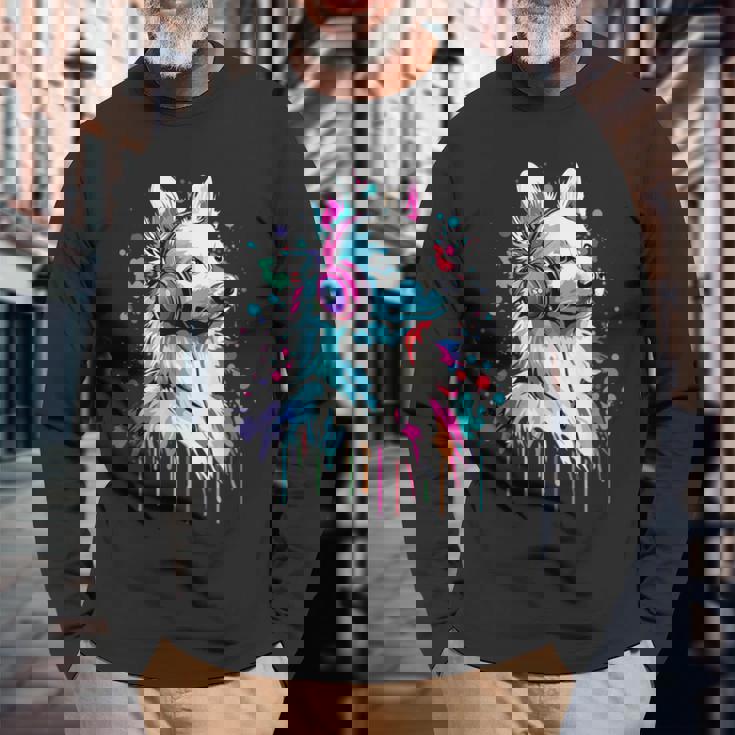 日本スピッツ好き ヘッドフォン装着 おもしろい 日本スピッツ 長袖Tシャツ 高齢者への贈り物