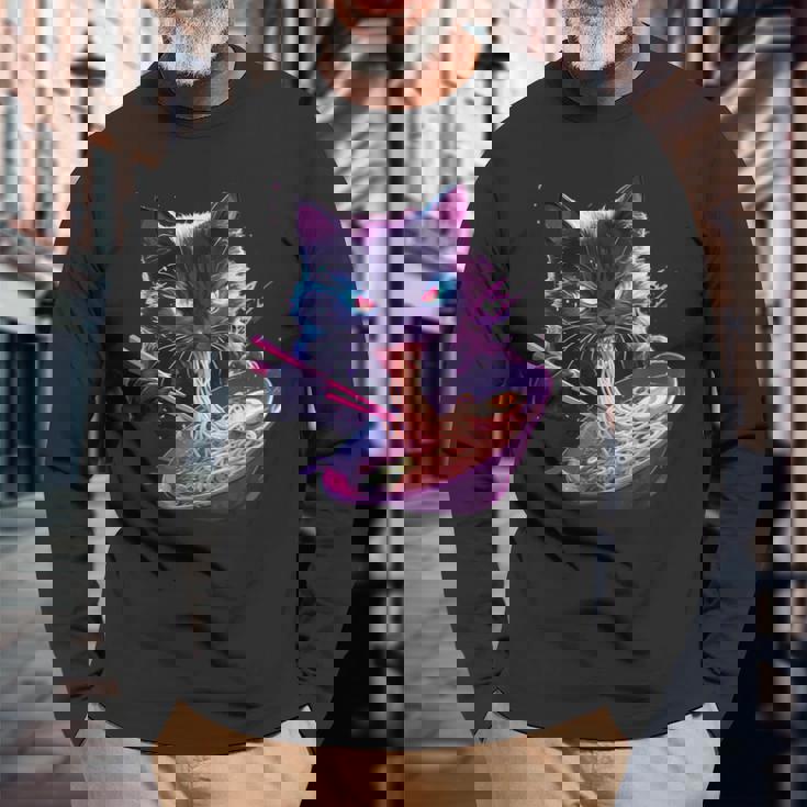 日本美術 ラーメン 猫 忍者 シンセウェーブ スタイル サムライキャット 長袖Tシャツ 高齢者への贈り物