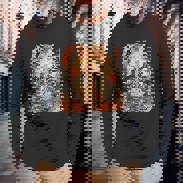 日本美術 ラーメン 猫 忍者 浮世絵 アニメ風 侍猫 長袖Tシャツ 高齢者への贈り物