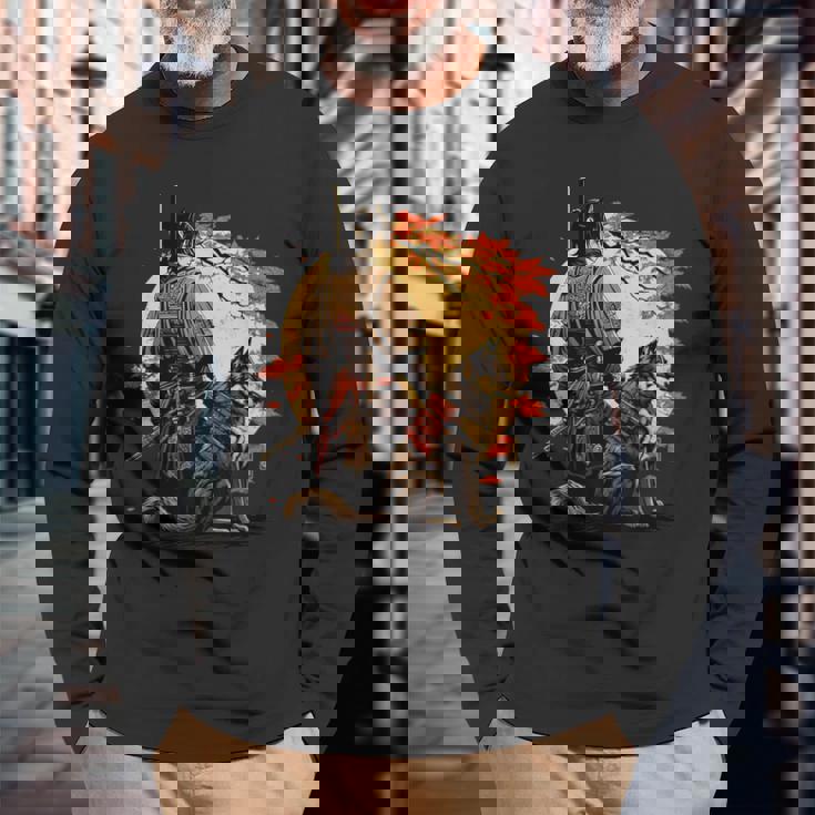 日本美術 忍者 浮世絵 アニメ風 侍 改 健 長袖Tシャツ 高齢者への贈り物