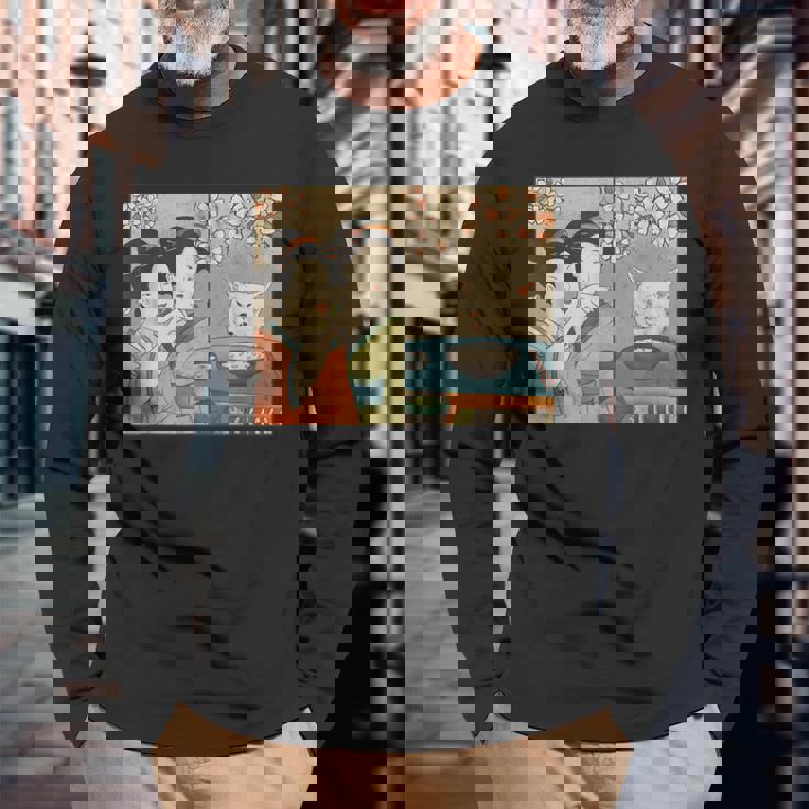 日本美術 桜猫と寿司 長袖Tシャツ 高齢者への贈り物