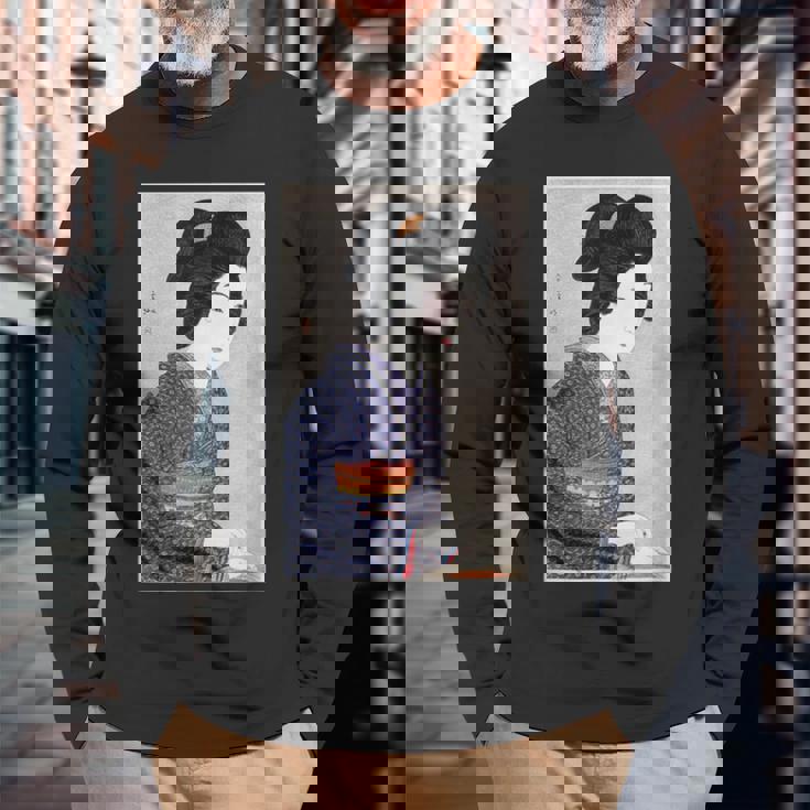 日本美術 芸者 日本木版 新版画美人画 長袖Tシャツ 高齢者への贈り物