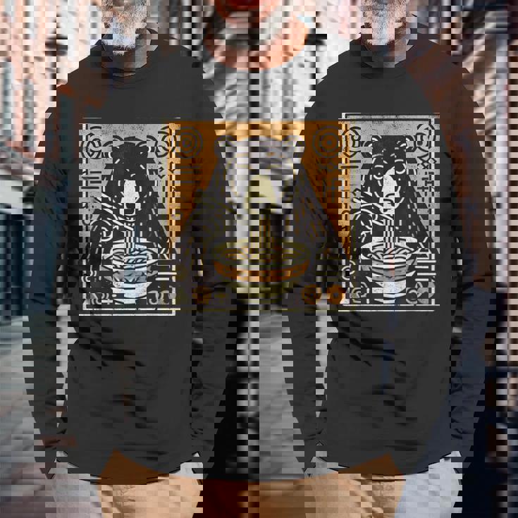 日本美術 野生動物 麺好き かわいい くま ラーメン 長袖Tシャツ 高齢者への贈り物