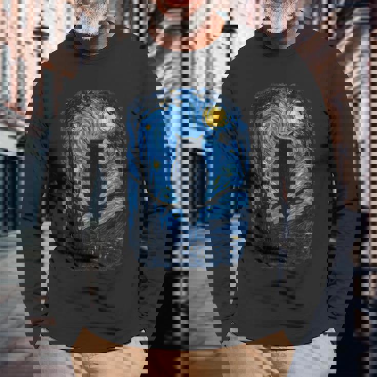 星月フクロウの夜のアートワーク 長袖Tシャツ 高齢者への贈り物