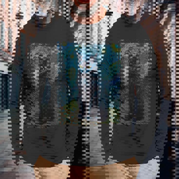 星月夜 ヴィンセント・ヴァン・ゴッホ 黒猫 レトロ絵画 猫 長袖tシャツ 長袖Tシャツ 高齢者への贈り物
