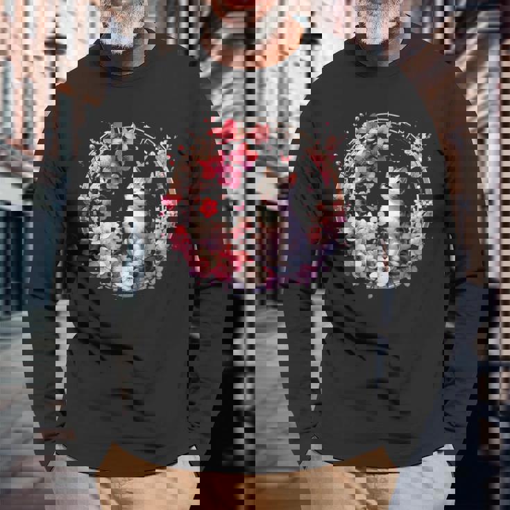 春の桜 かわいい猫と桜の花 長袖Tシャツ 高齢者への贈り物