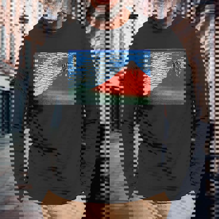 晴天の赤富士山 日本風景アートプリント 長袖Tシャツ 高齢者への贈り物