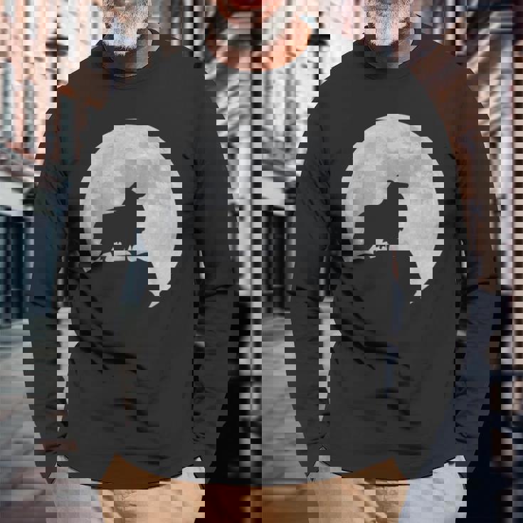 月と犬のシルエット シェルティーシェットランドシープドッグ 長袖Tシャツ 高齢者への贈り物