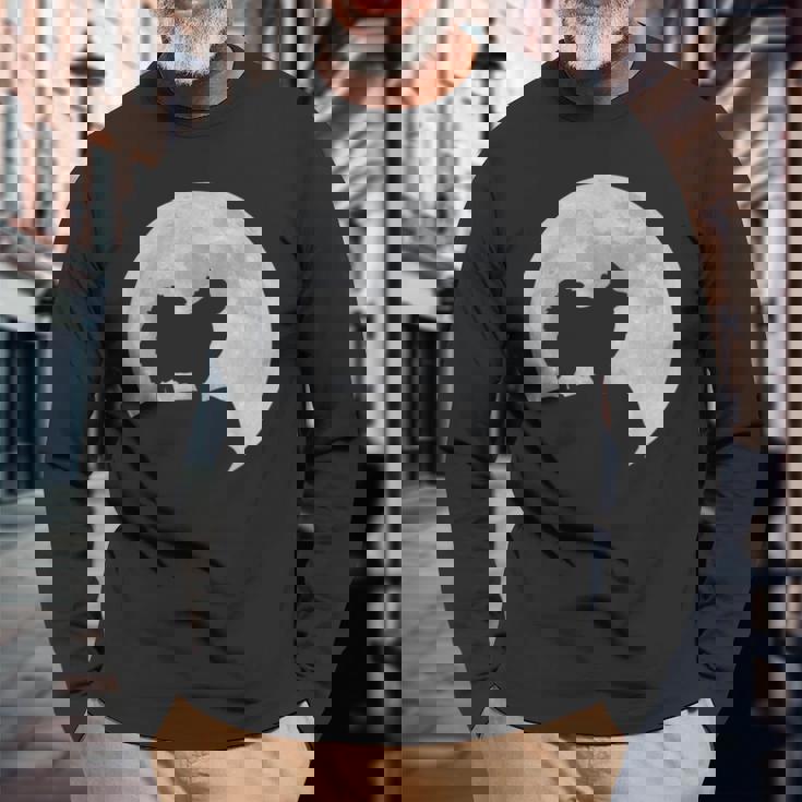 月と犬のシルエット ポンポメラニアン 長袖Tシャツ 高齢者への贈り物