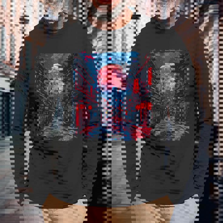 東京の街並み 日本の夜景 ライト付き ヴェイパーウェーブ 長袖Tシャツ 高齢者への贈り物