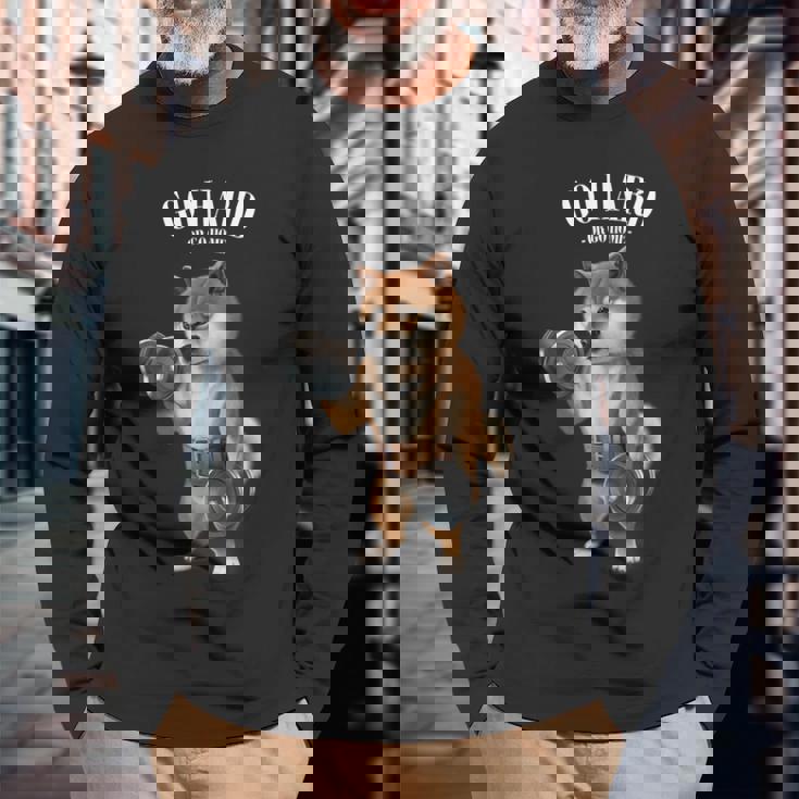 柴犬 筋トレ ダンベル付き フィットネスジム 長袖Tシャツ 高齢者への贈り物