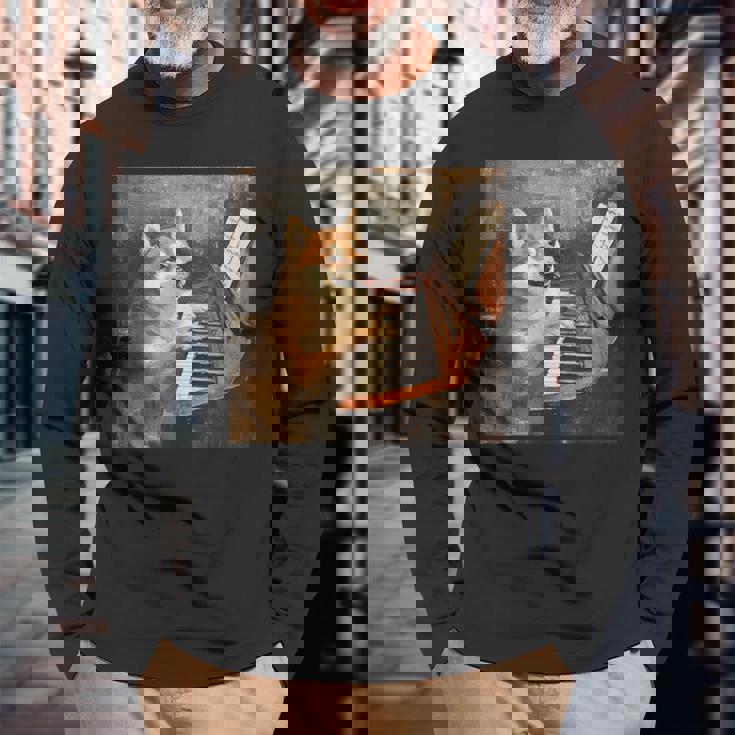 柴犬ピアノ犬 長袖Tシャツ 高齢者への贈り物