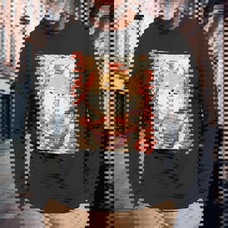 柴犬好きラーメン カワイイ猫柴犬犬ラーメン 長袖Tシャツ 高齢者への贈り物