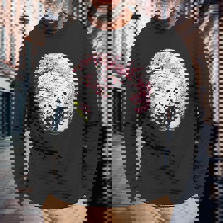 桜 パンダ お花見 親子 春 水墨画 和風 動物 長袖Tシャツ 高齢者への贈り物