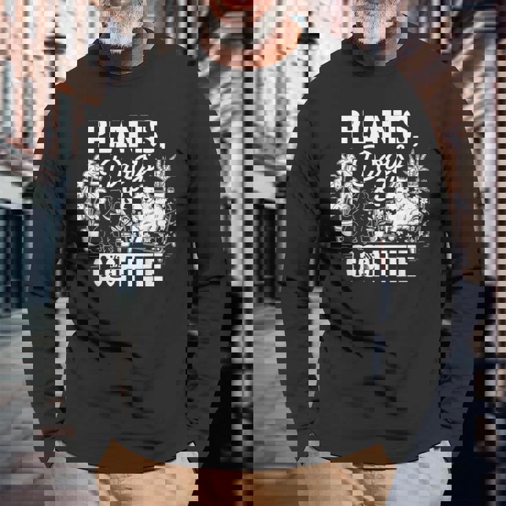 植物 犬 コーヒー おもしろ ガーデニング 犬好き ギフト 長袖Tシャツ 高齢者への贈り物