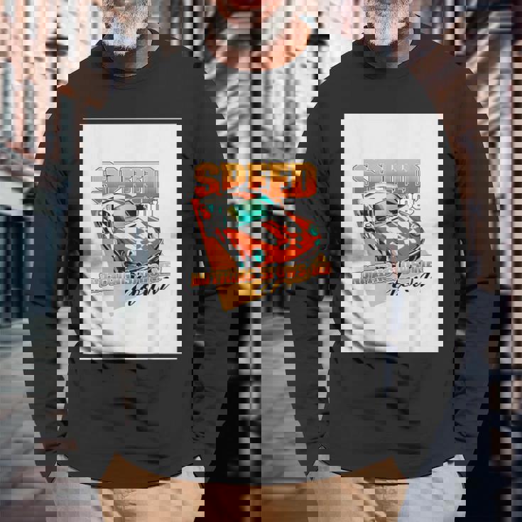 楽しいクールなレーシングカーイラスト 長袖Tシャツ 高齢者への贈り物