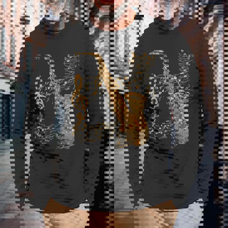 楽器 ト音記号 サックス奏者 音楽サックス 長袖Tシャツ 高齢者への贈り物