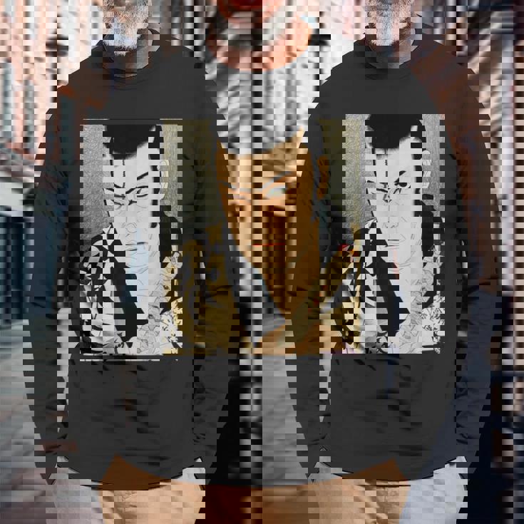 歌舞伎 演劇 俳優 サムライ 俊泉 日本のビンテージアート 長袖Tシャツ 高齢者への贈り物