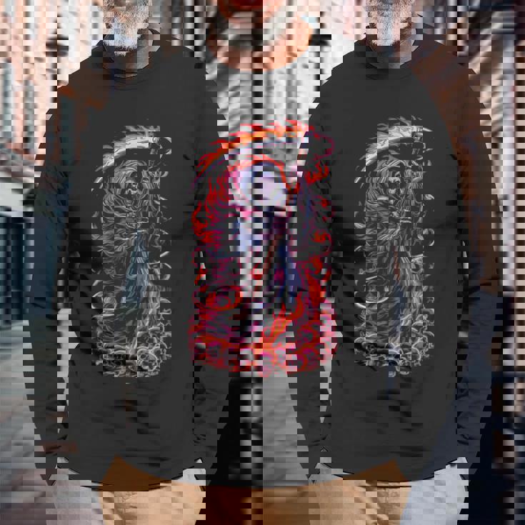 死神 死闘と頭蓋骨 明るいゴス 長袖Tシャツ 高齢者への贈り物