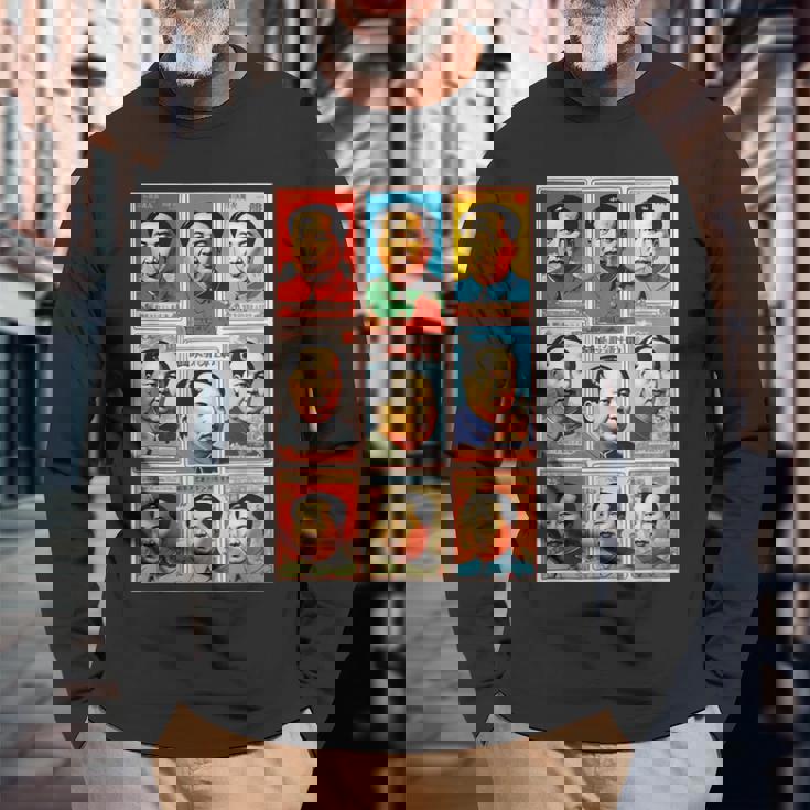 毛沢東ポップアートグリッド-9カラフルな肖像画と書道 長袖Tシャツ 高齢者への贈り物